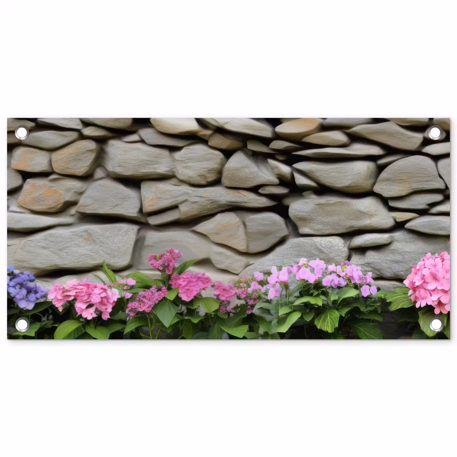 Tuinposter - Hortensia’s - Stenen - Muur - Bloemen — 1