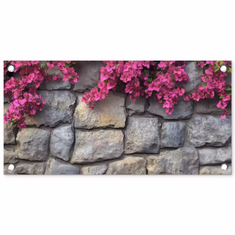 Tuinposter - Bougainvillea - Stenen Muur - Roze — 1
