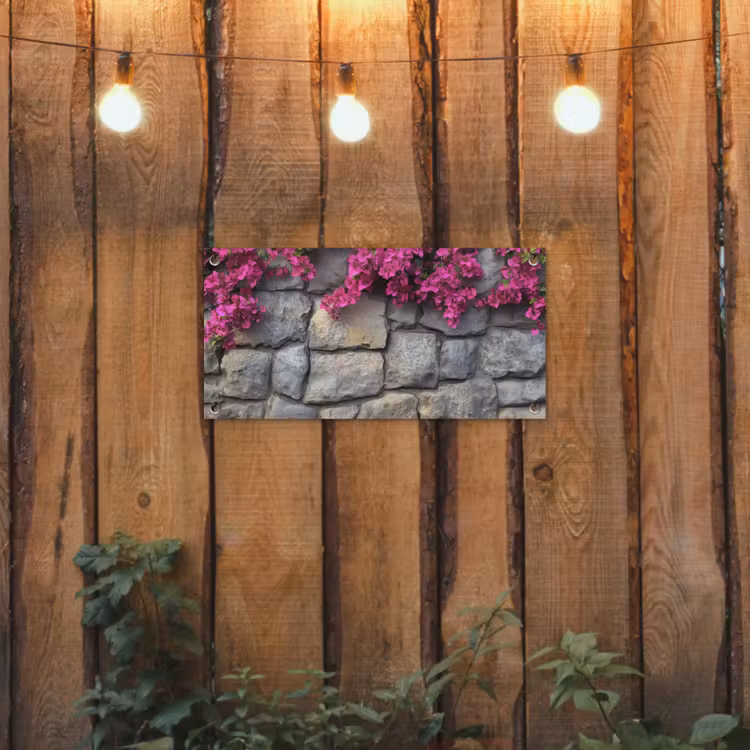 Tuinposter - Bougainvillea - Stenen Muur - Roze — 2