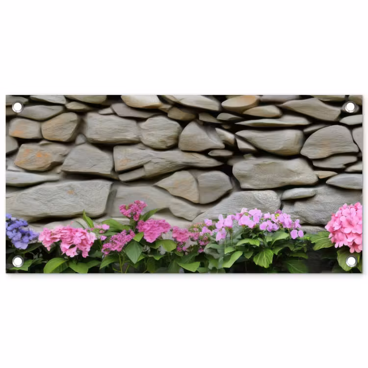Tuinposter - Hortensia’s - Stenen - Muur - Bloemen — 1