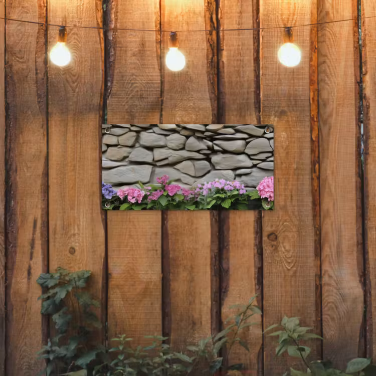 Tuinposter - Hortensia’s - Stenen - Muur - Bloemen — 2