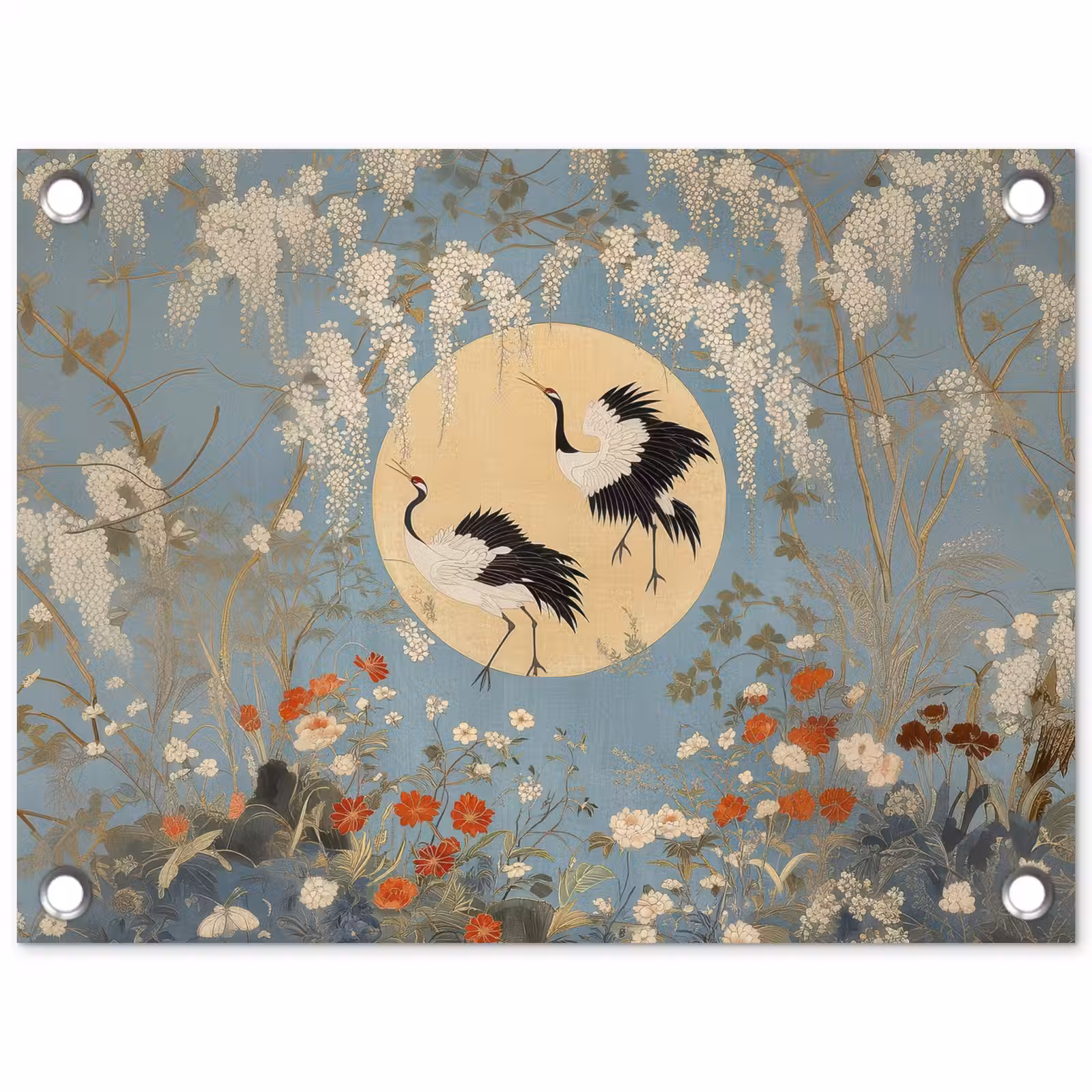 Tuinposter - Kraanvogels - Maan - Bloemen - Blauw — 1