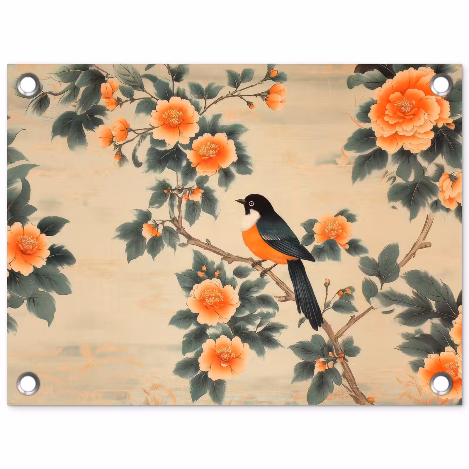 Tuinposter - Vogel - Tak - Bloemen - Oranje — 1