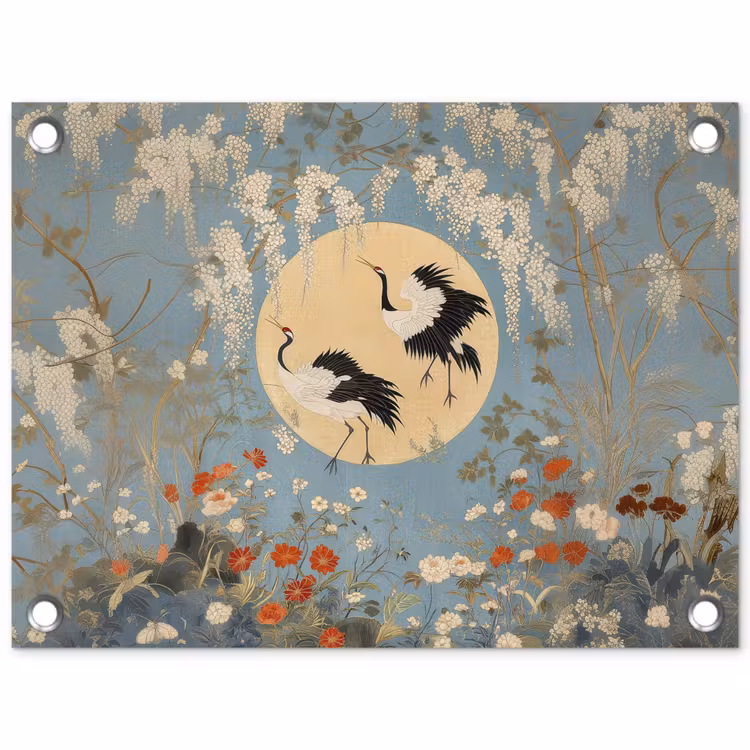 Tuinposter - Kraanvogels - Maan - Bloemen - Blauw — 1
