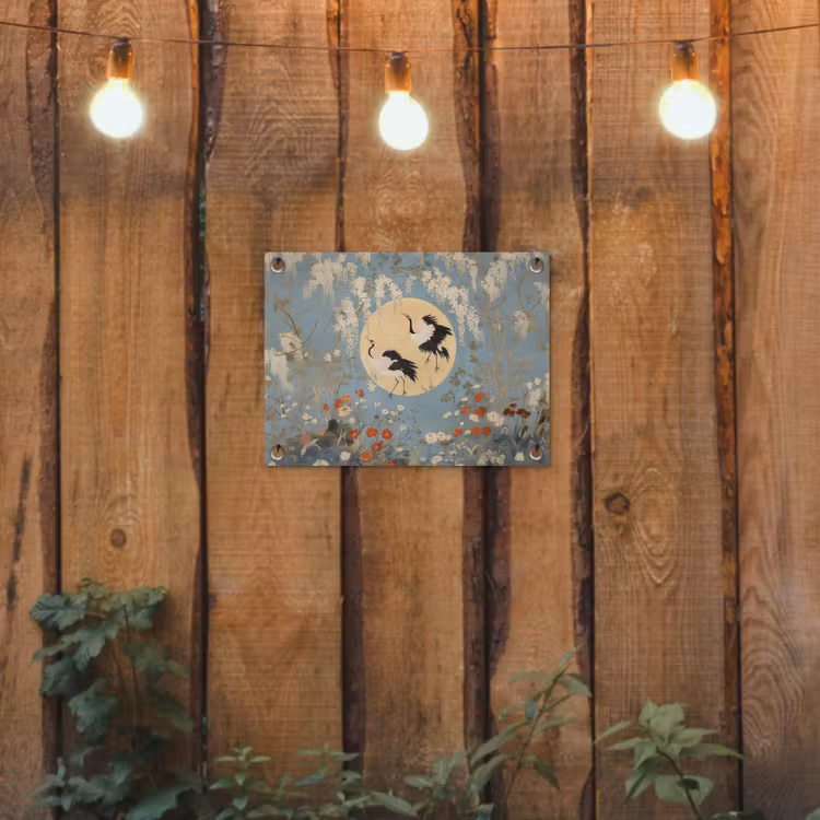 Tuinposter - Kraanvogels - Maan - Bloemen - Blauw — 2