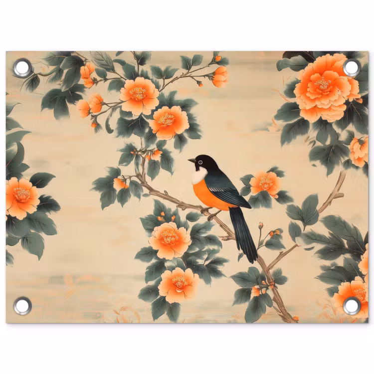 Tuinposter - Vogel - Tak - Bloemen - Oranje — 1
