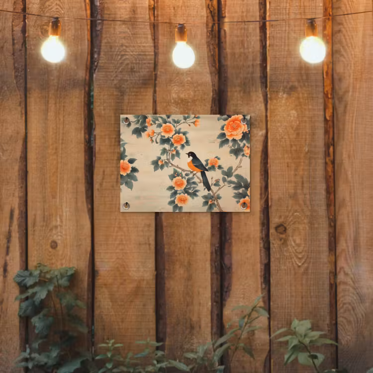 Tuinposter - Vogel - Tak - Bloemen - Oranje — 2