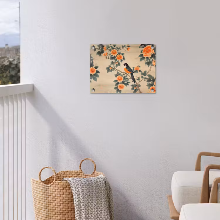 Tuinposter - Vogel - Tak - Bloemen - Oranje — 3