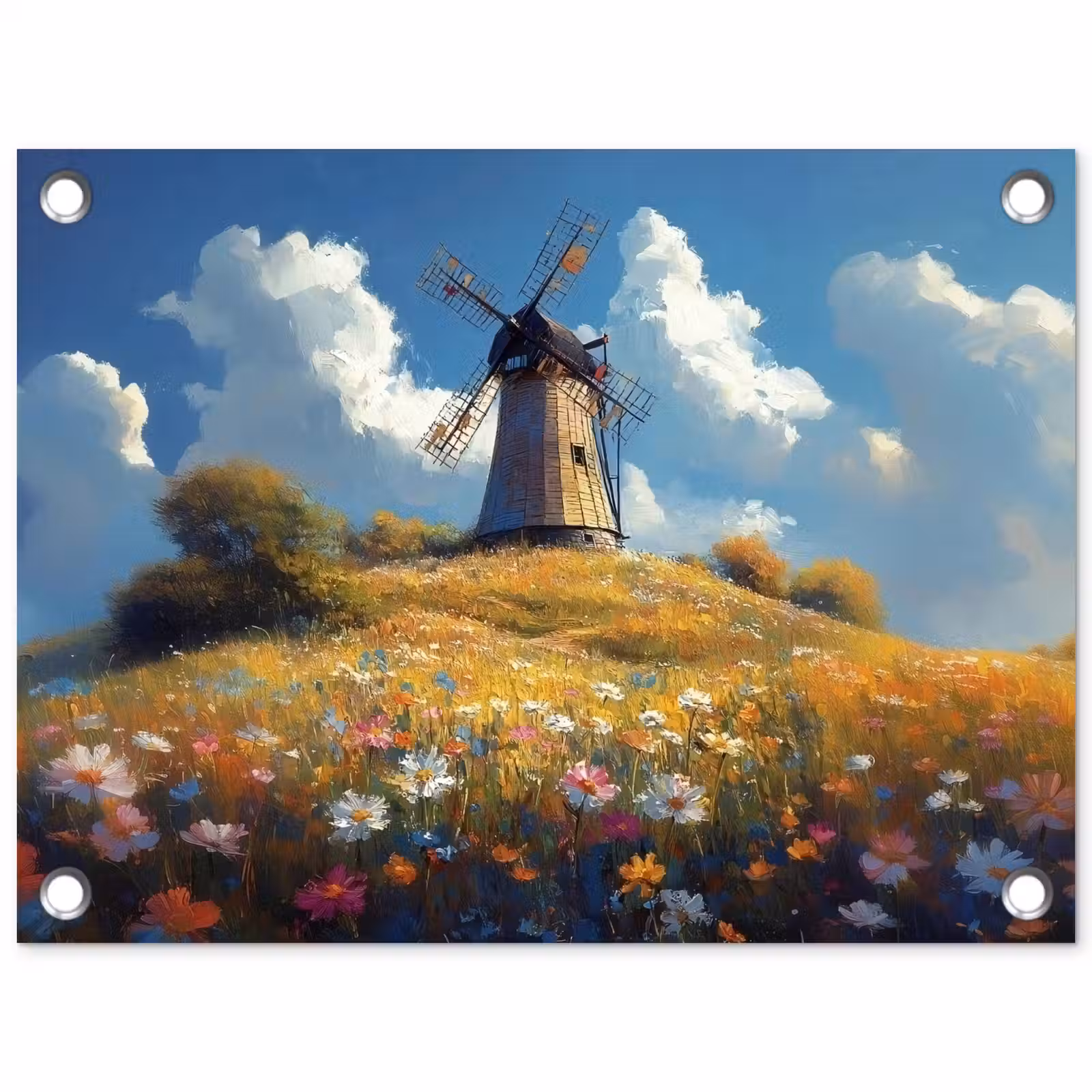 Tuinposter - Windmolen - Heuvel - Bloemen - Kleurrijk — 1