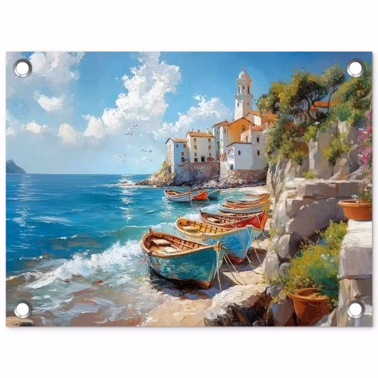 Tuinposter - Boten - Rotsen - Zee - Zon — 1