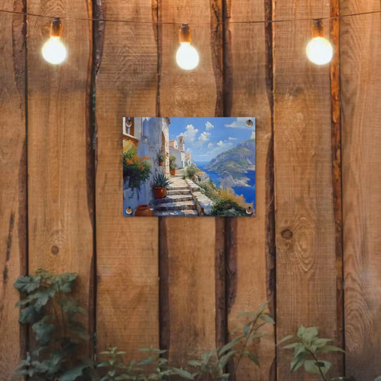 Tuinposter - Trap - Huizen - Berglandschap - Zee — 2