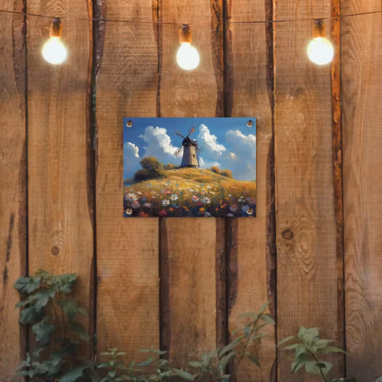 Tuinposter - Windmolen - Heuvel - Bloemen - Kleurrijk — 2