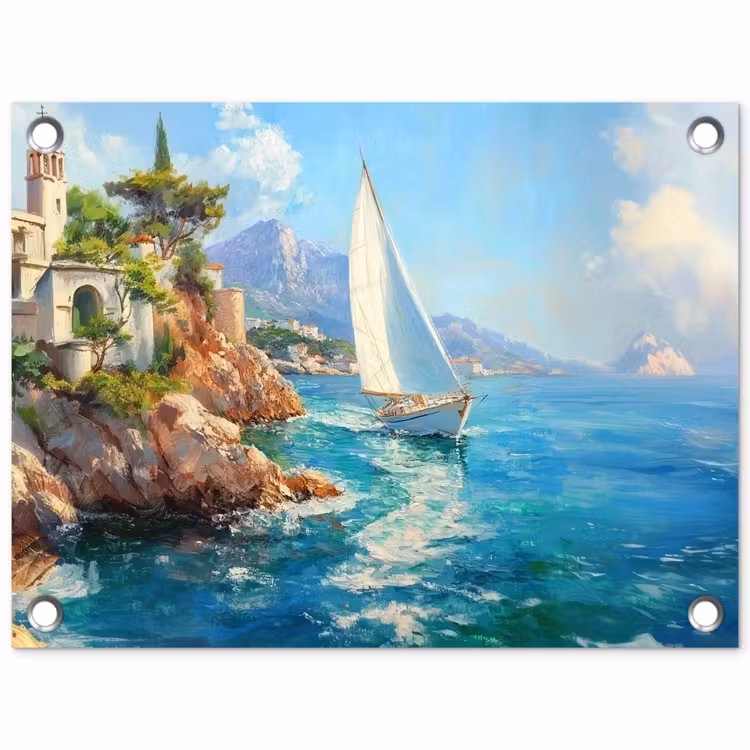 Tuinposter - Zeilboot - Rotsen - Kust - Huizen — 1