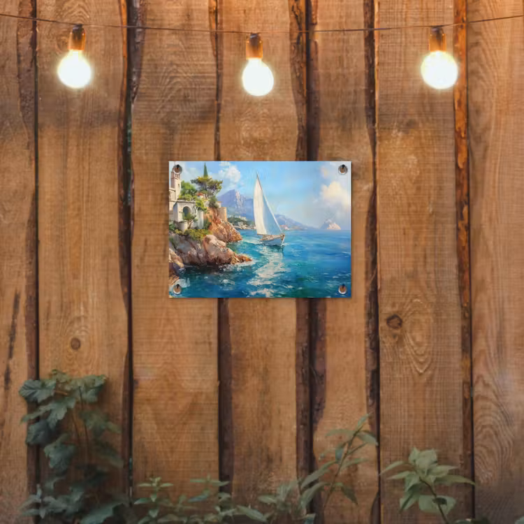 Tuinposter - Zeilboot - Rotsen - Kust - Huizen — 2