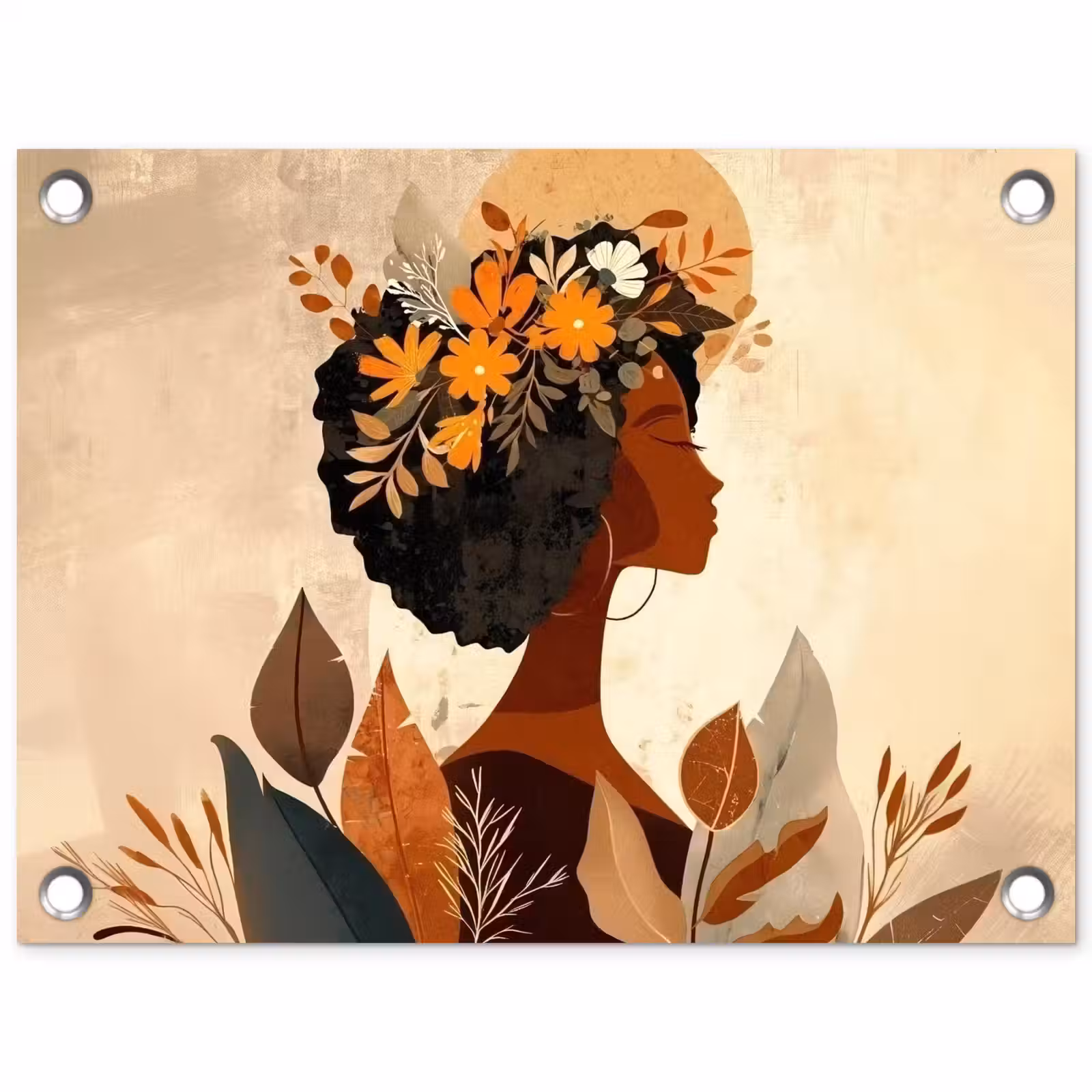Tuinposter - Vrouw - Krullen - Bloemen - Beige — 1