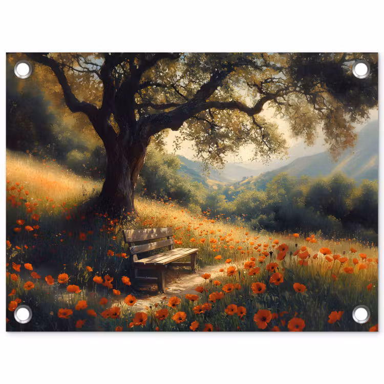 Tuinposter - Bankje - Boom - Klaprozen - Heuvels — 1