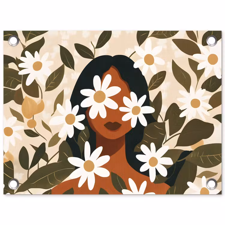 Tuinposter - Illustratie - Vrouw - Madeliefjes - Wit — 1