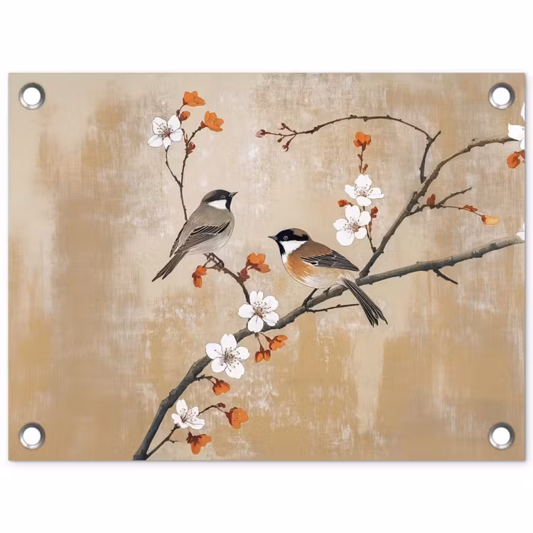 Tuinposter - Vogels - Bloesemtak - Bloemen - Oranje — 1