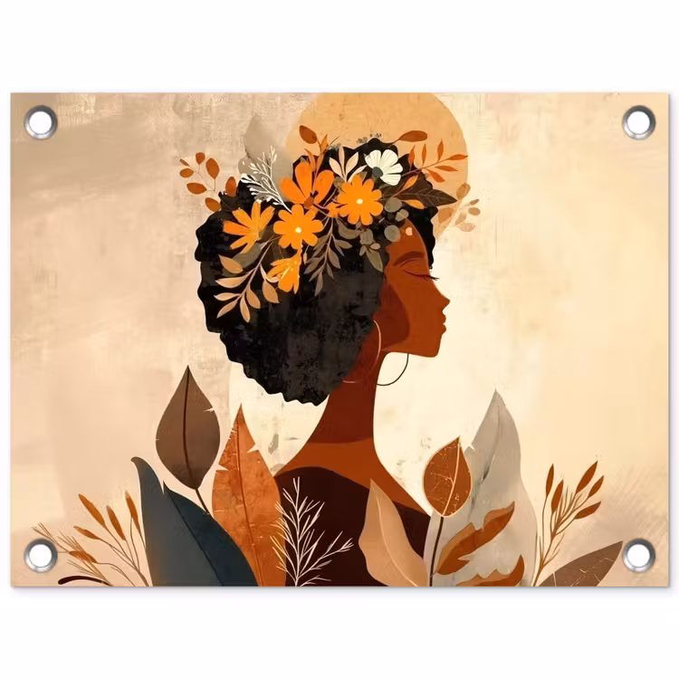 Tuinposter - Vrouw - Krullen - Bloemen - Beige — 1