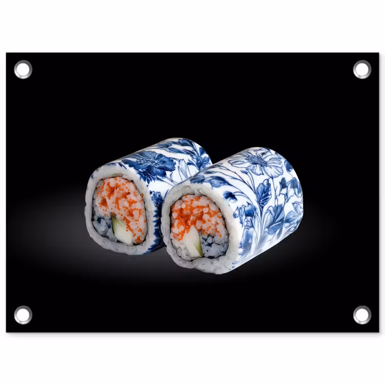 Tuinposter - Sushi - Delfts blauw - Rijst - Vis - Elegant