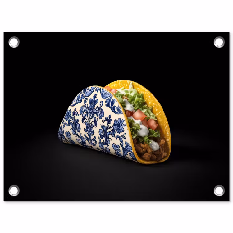 Tuinposter - Taco - Vlees - Salade - Delftsblauw - Motief