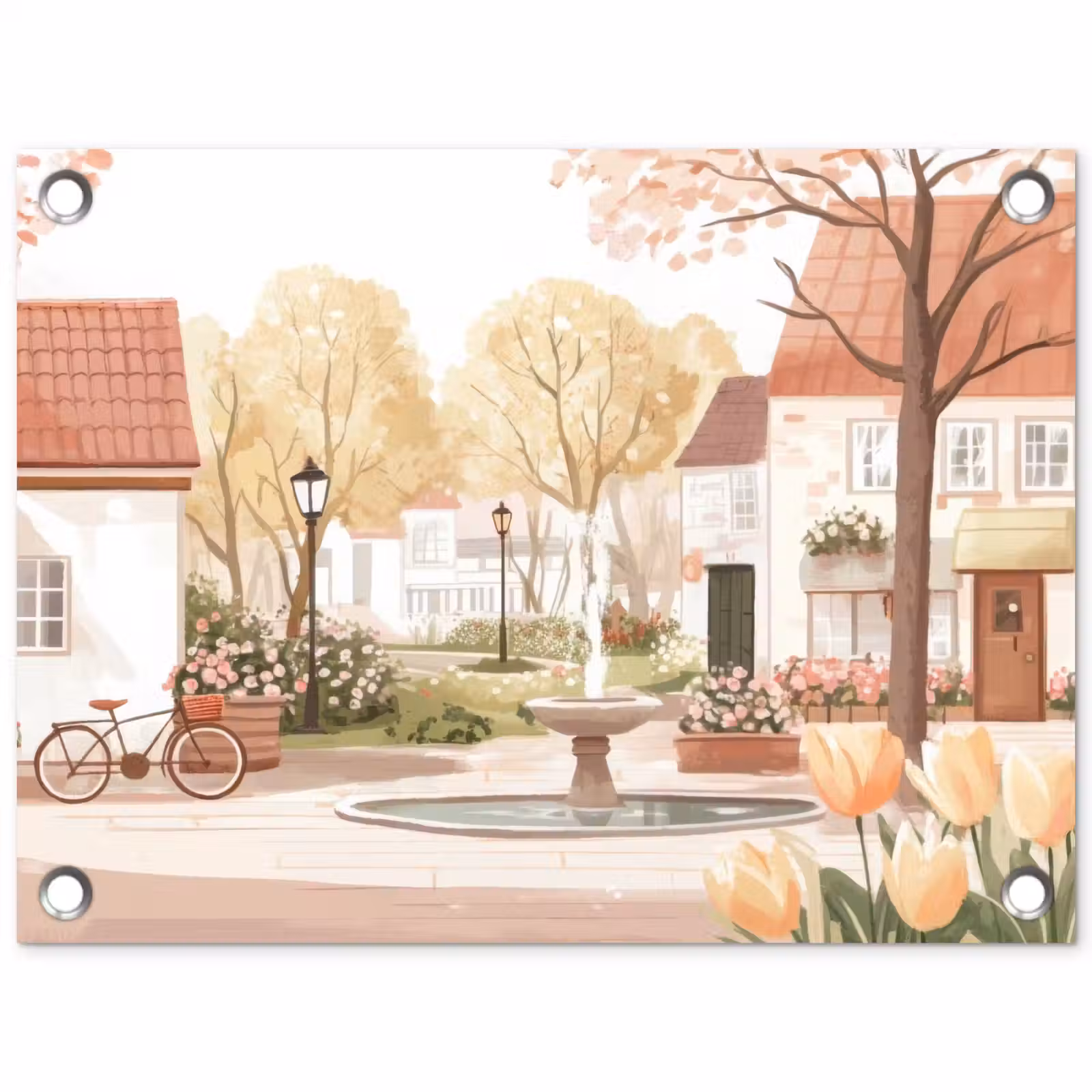 Tuinposter - Dorpsplein - Fontein - Tulpen — 1