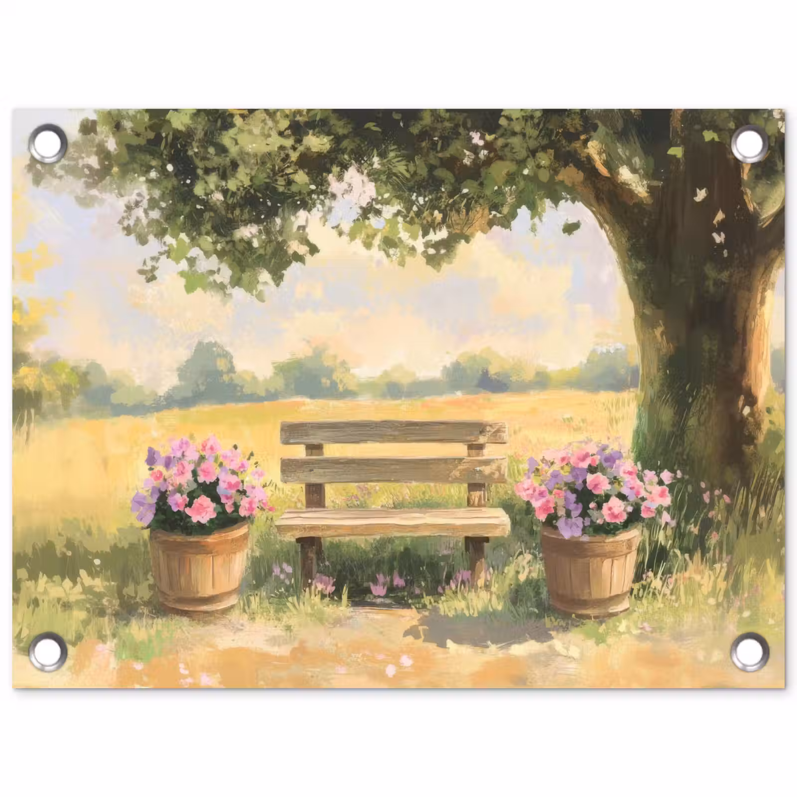 Tuinposter - Houten bankje - Bloempotten - Landschap — 1