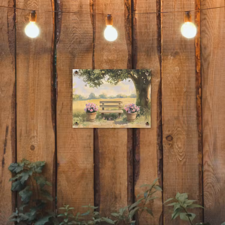 Tuinposter - Houten bankje - Bloempotten - Landschap — 2