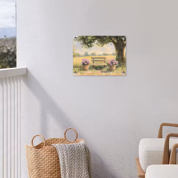 Tuinposter - Houten bankje - Bloempotten - Landschap — 3