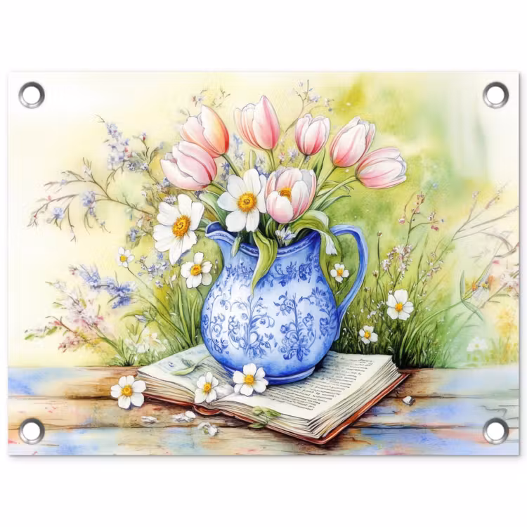 Tuinposter - Vaas - Delftsblauw - Madeliefjes — 1