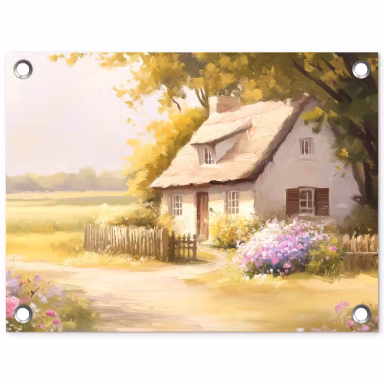 Tuinposter - Huisje - Hout - Bloemen — 1