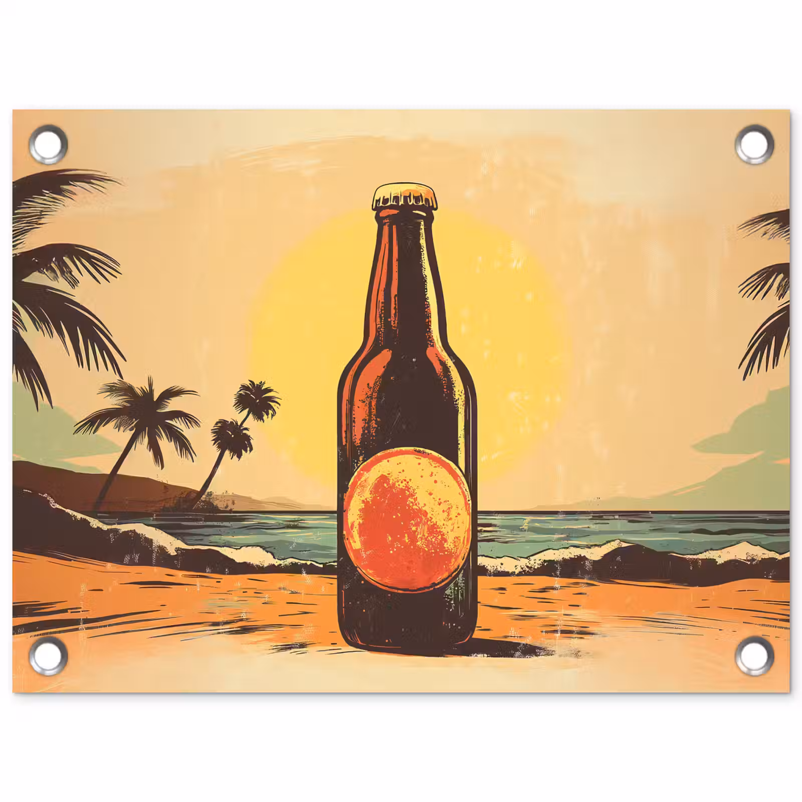 Tuinposter - Bierfles - Zonsondergang - Palmbomen - Zee — 1