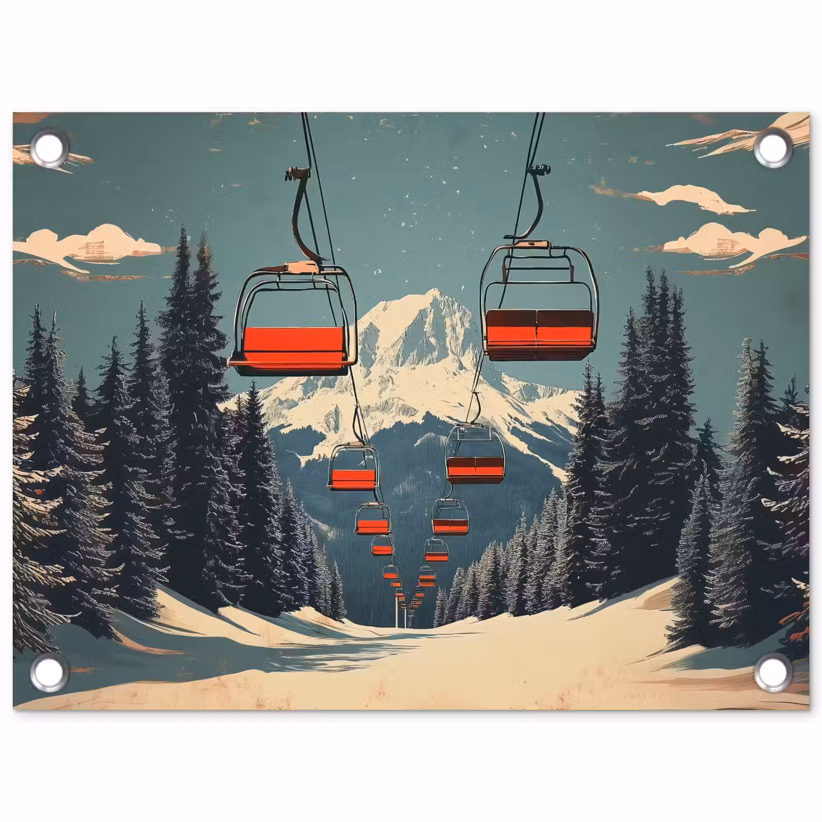 Tuinposter - Sneeuw - Skilift - Rood - Bomen — 1