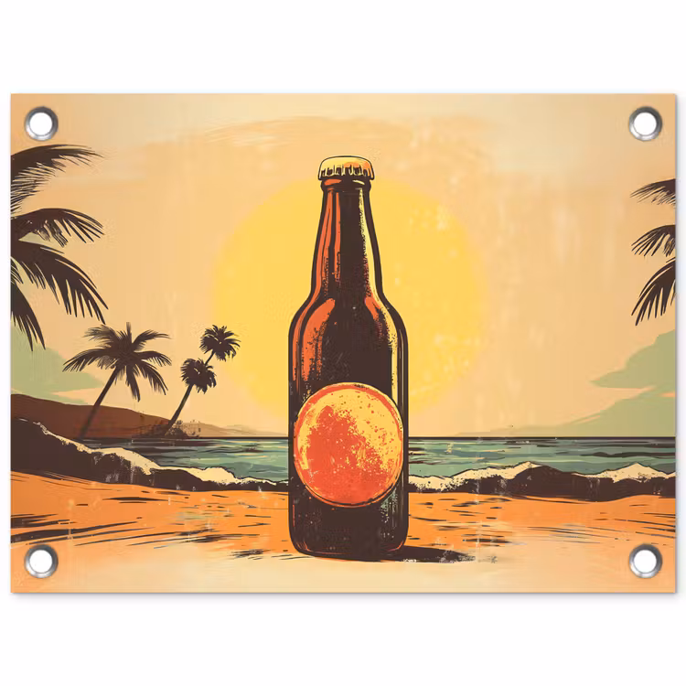 Tuinposter - Bierfles - Zonsondergang - Palmbomen - Zee — 1