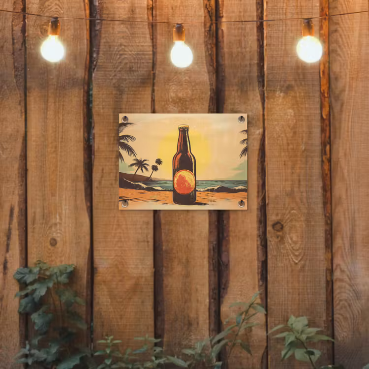 Tuinposter - Bierfles - Zonsondergang - Palmbomen - Zee — 2
