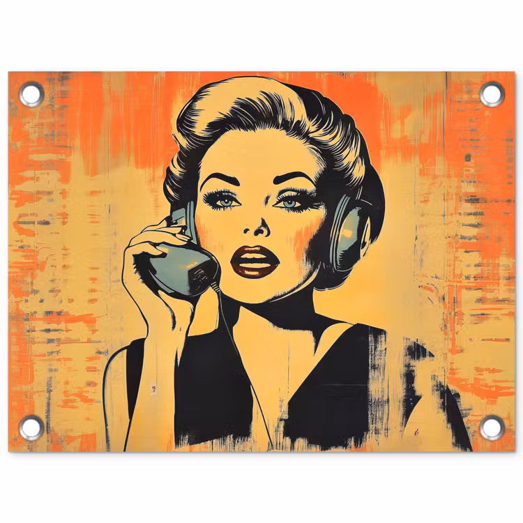 Tuinposter - Retro - Vrouw - Koptelefoon - Oranje — 1