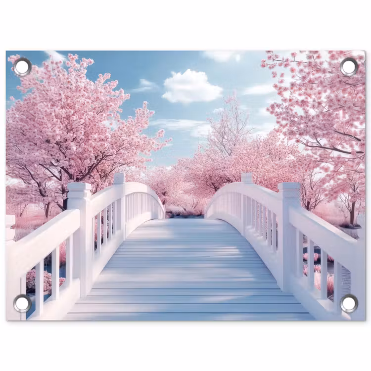 Tuinposter - Brug - Kersenbomen - Wit — 1