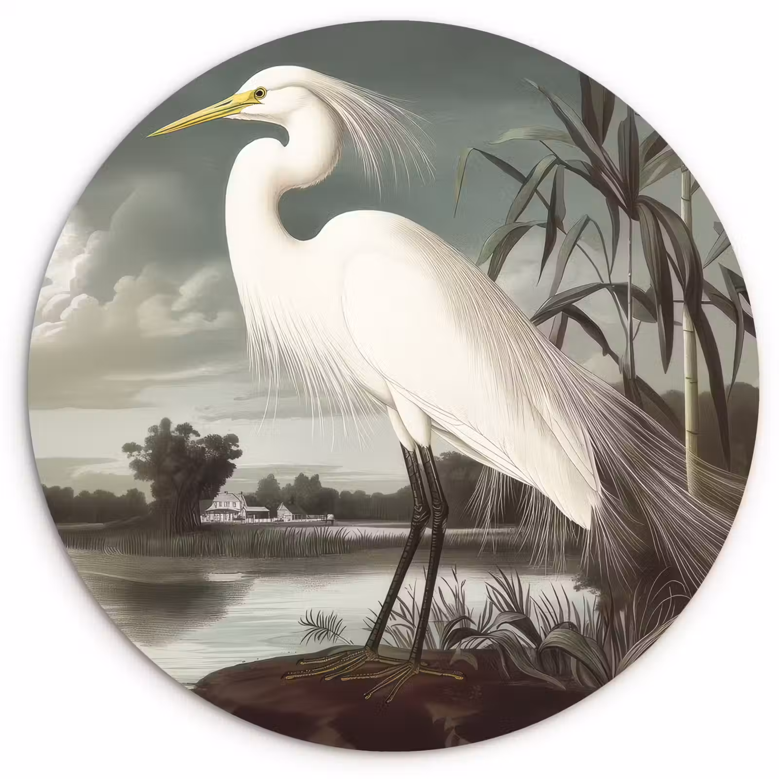 Muurcirkel glas - Reiger - Planten - Wolken - Wit — 1
