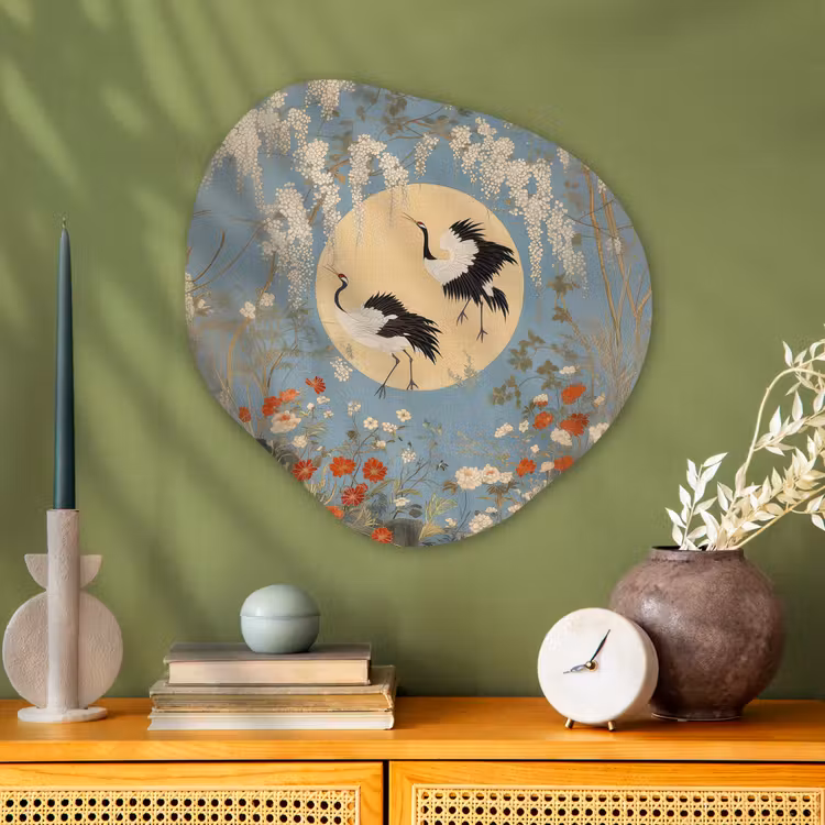 Organisch schilderij - Glas - Kraanvogels - Maan - Bloemen - Blauw — 2