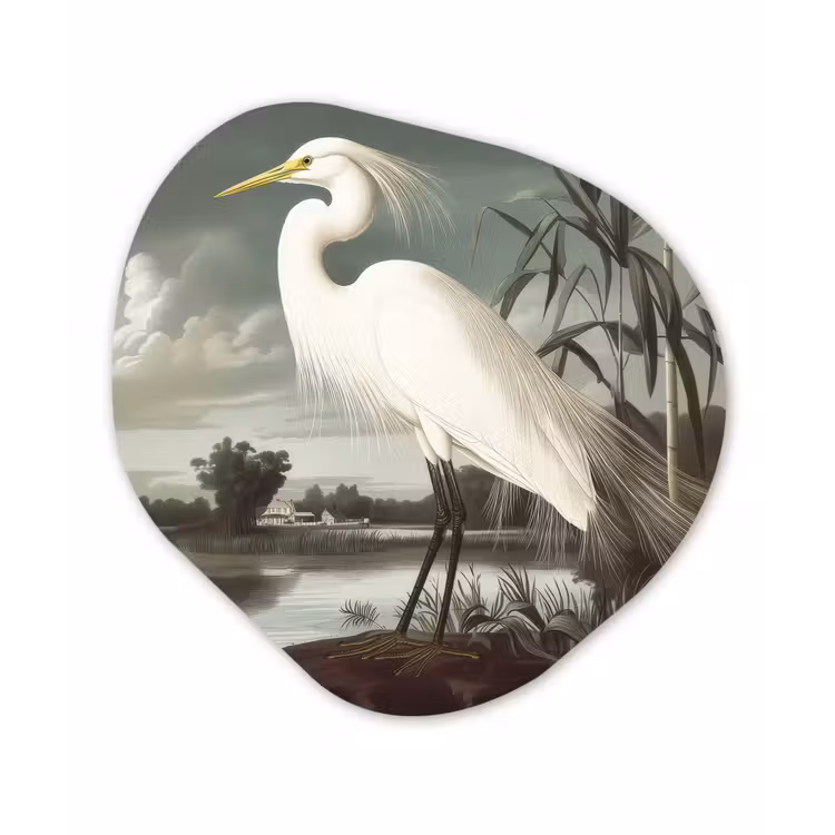 Organisch schilderij - Glas - Reiger - Planten - Wolken - Wit — 1