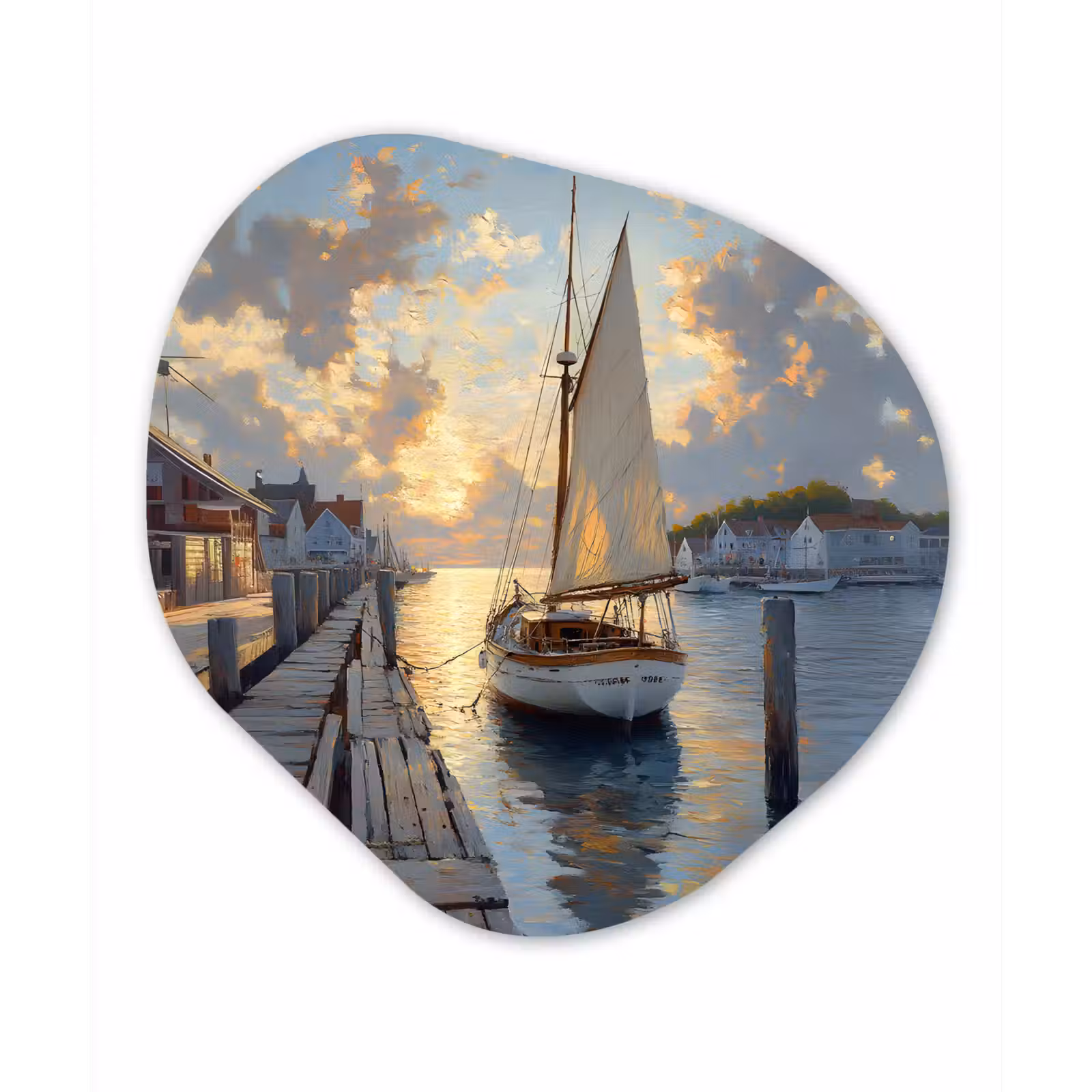 Organisch schilderij - Glas - Zeilboot - Zon - Pier - Hout — 1