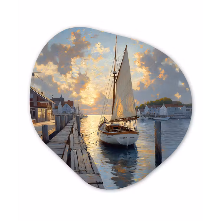 Organisch schilderij - Glas - Zeilboot - Zon - Pier - Hout — 1