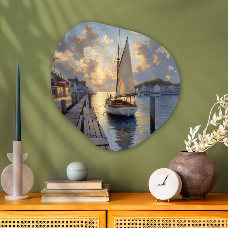 Organisch schilderij - Glas - Zeilboot - Zon - Pier - Hout — 2
