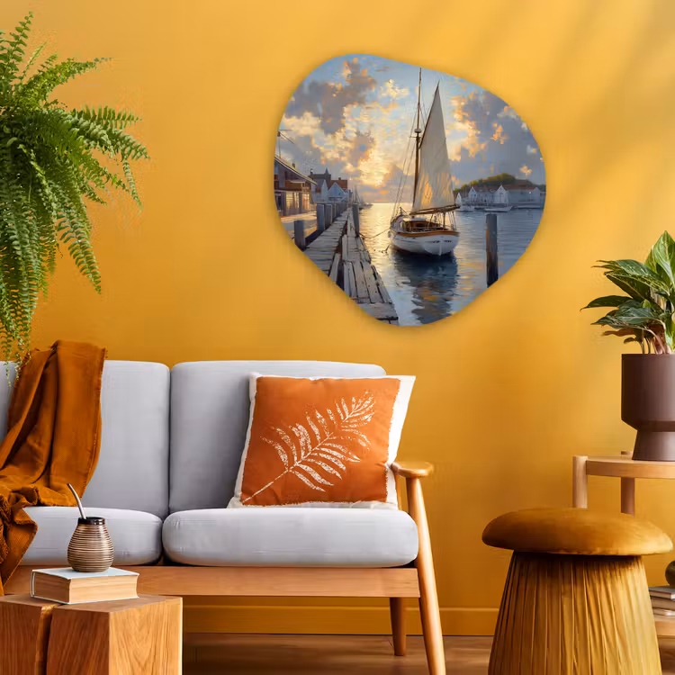 Organisch schilderij - Glas - Zeilboot - Zon - Pier - Hout — 3