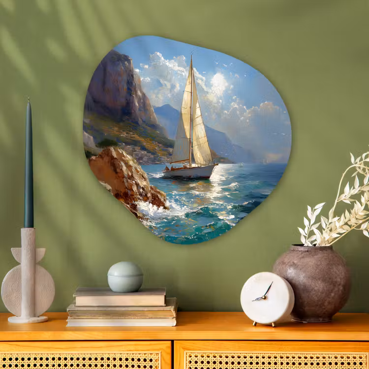 Organisch schilderij - Glas - Zeilschip - Zee - Rotsen - Wolken — 2