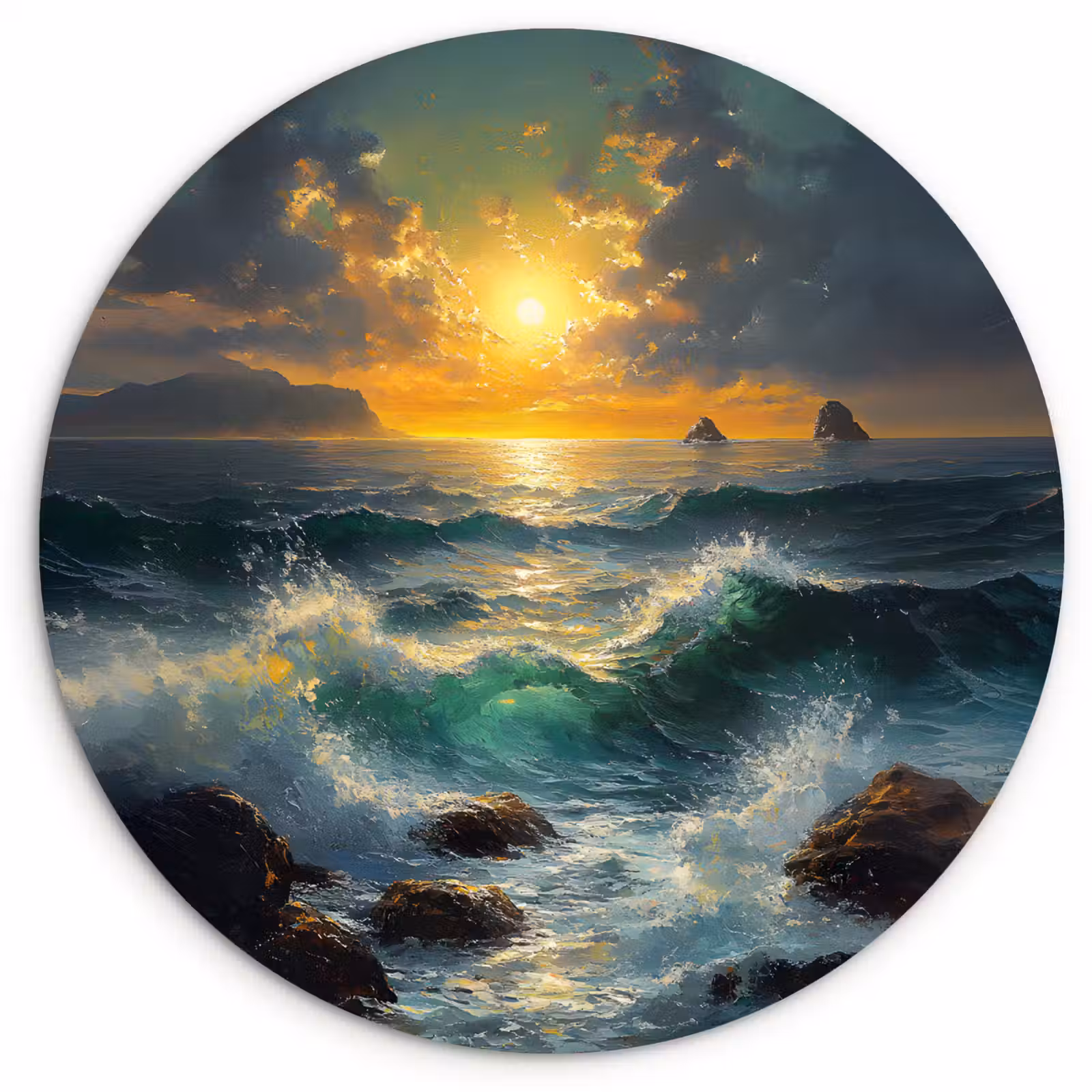 Muurcirkel glas - Zee - Zon - Golven - Rotsen — 1