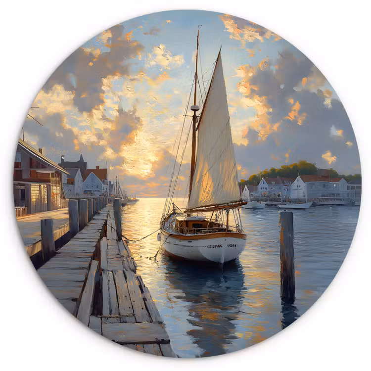 Muurcirkel glas - Zeilboot - Zon - Pier - Hout — 1