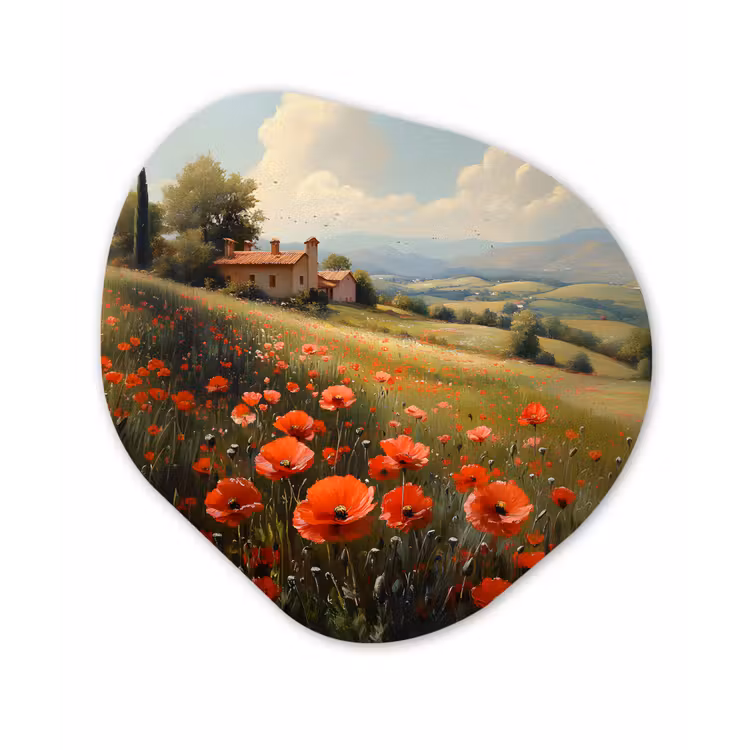 Organisch schilderij - Glas - Klaprozen - Rood - Heuvels - Landschap — 1