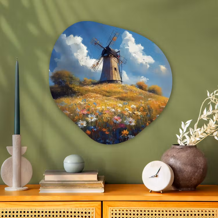 Organisch schilderij - Glas - Windmolen - Heuvel - Bloemen - Kleurrijk — 2