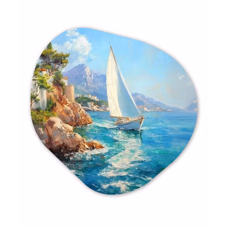 Organisch schilderij - Glas - Zeilboot - Rotsen - Kust - Huizen — 1